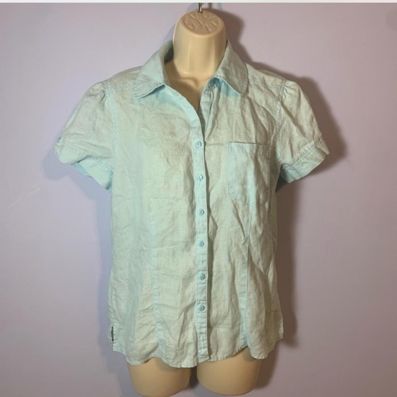 Kim Rogers puff sleeve powder blue linen short sleeve button up size small - Picture 1 of 6